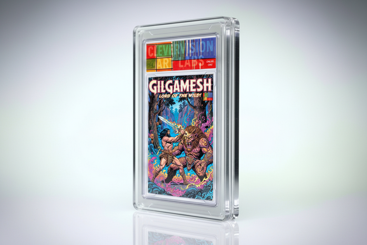 Gigamesh collectible card in a clear protective case on a light gray background