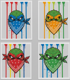 Four illustrations of a green character wearing bandanas with different patterns on a striped background. Artwork by Mr. Clever Art.