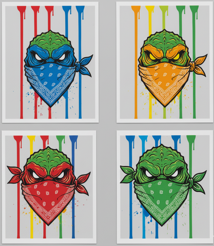 Four illustrations of a green character wearing bandanas with different patterns on a striped background. Artwork by Mr. Clever Art.