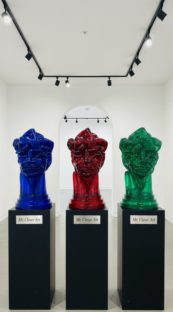 Three colorful sculpture heads on black stands in a gallery setting. Artwork by Mr. Clever Art.