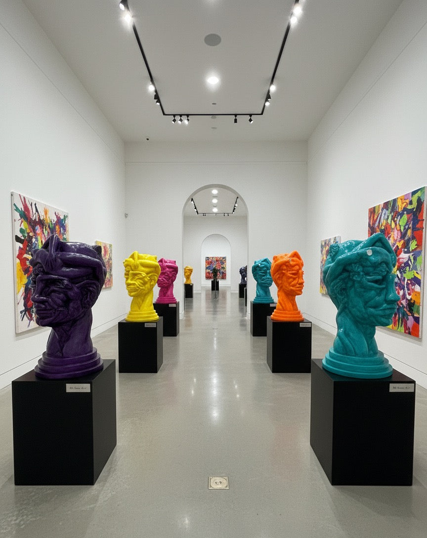 Colorful sculptures of heads on pedestals in a gallery setting with abstract paintings on the walls. Artwork by Mr. Clever Art.