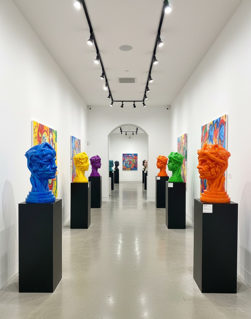 Art gallery with colorful sculptures on pedestals and abstract paintings on the walls. Sculptures by Mr. Clever Art.