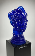 Blue glass sculpture on a black pedestal with 'Mr. Clever Art' branding.