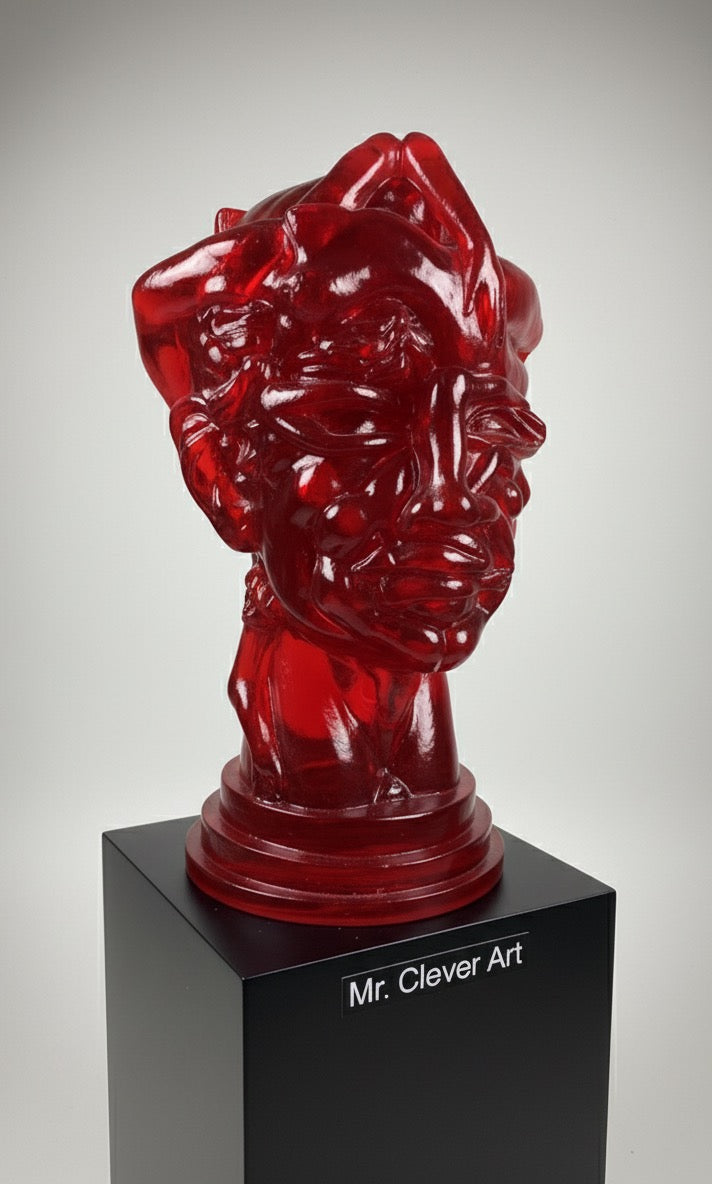 Red artistic sculpture on a black pedestal with 'Mr. Clever Art' branding.