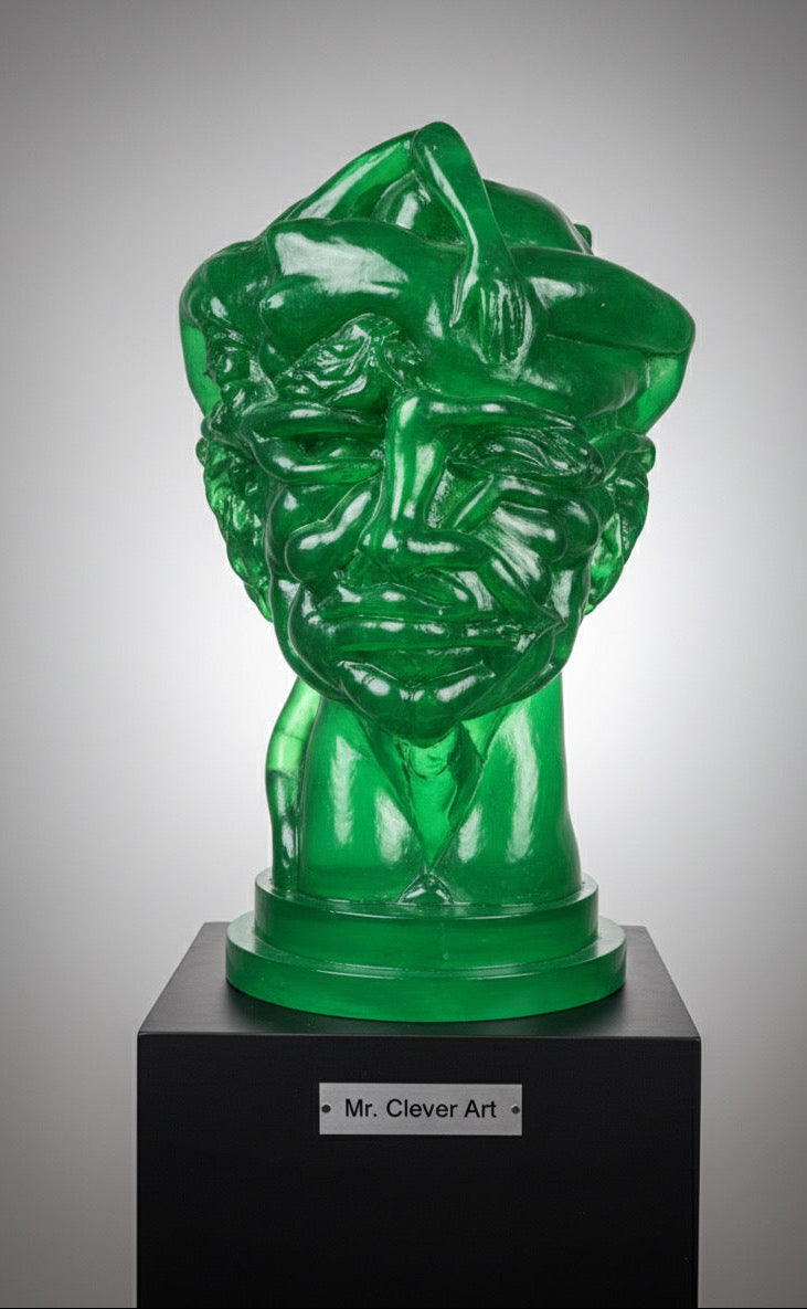 Green glass sculpture of a face on a black pedestal with 'Mr. Clever Art' label.