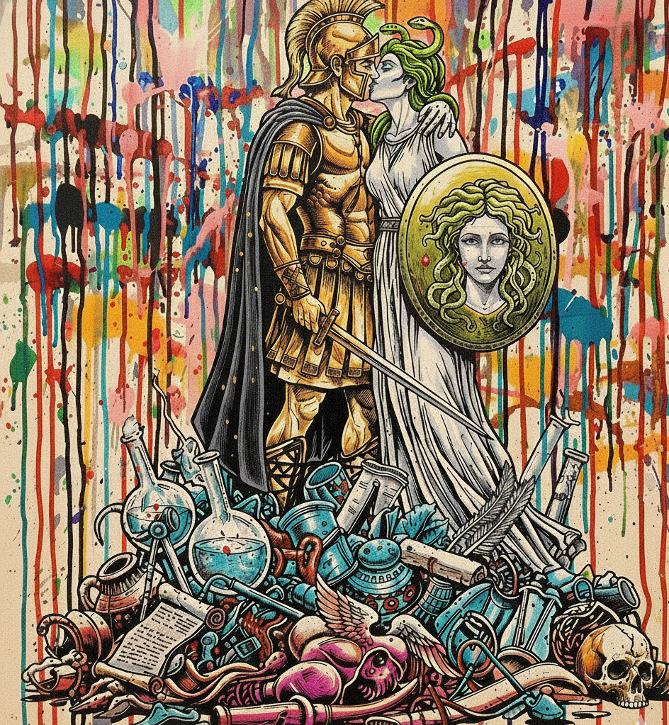 Classical Warrior with Medusa Shield - Original Art Print on luxury art canvas