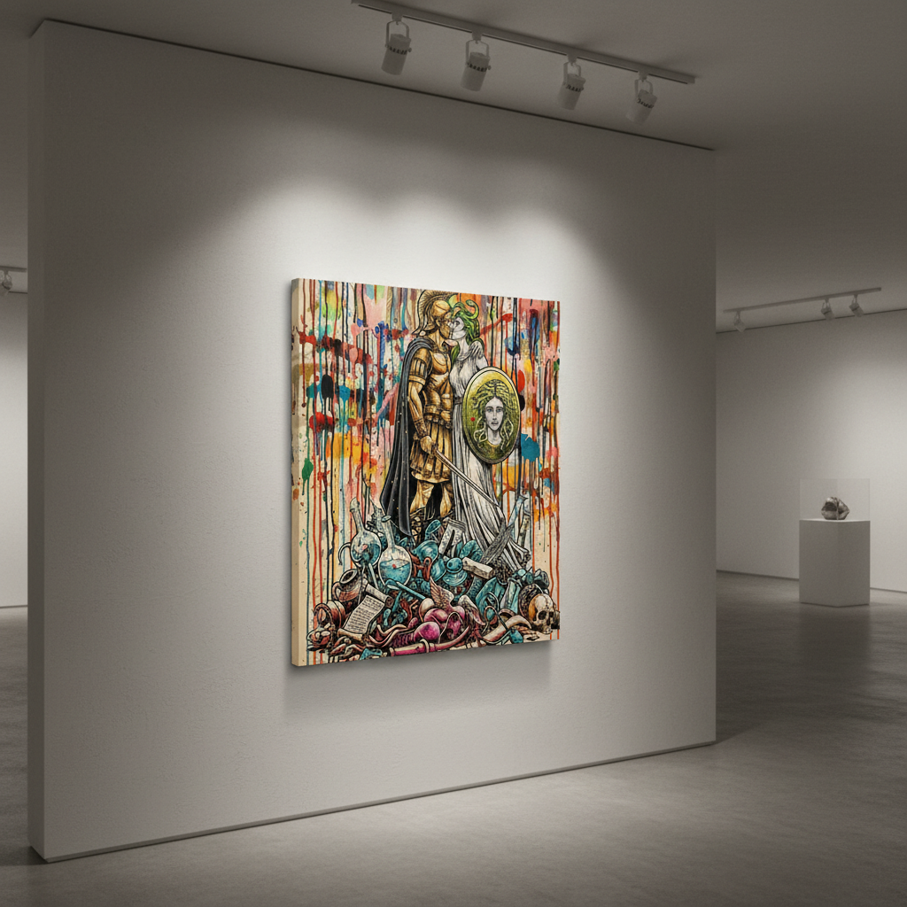 Classical Warrior with Medusa Shield - Original Art Print on luxury art canvas