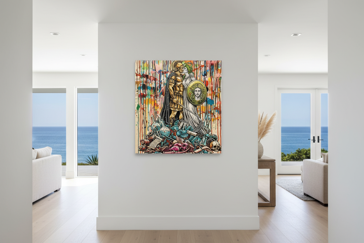 Classical Warrior with Medusa Shield - Original Art Print on luxury art canvas