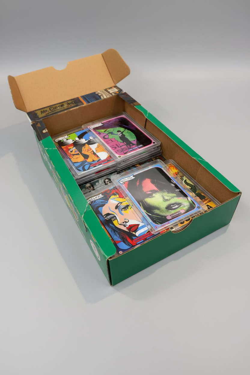 Box of custom stylized trading cards in protective plastic sleeves displayed inside an open art style cardboard box. The cards feature colorful street art style artworks, portraits and text.