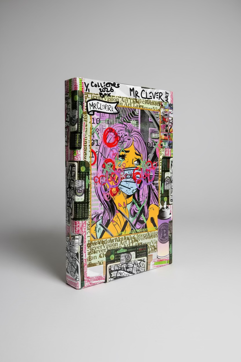 A square mixed-media collage art trading card box. Featuring a stylized illustration of a woman with purple hair and a face mask, surrounded by graffiti, text, and graphic elements, displayed on a wooden surface.