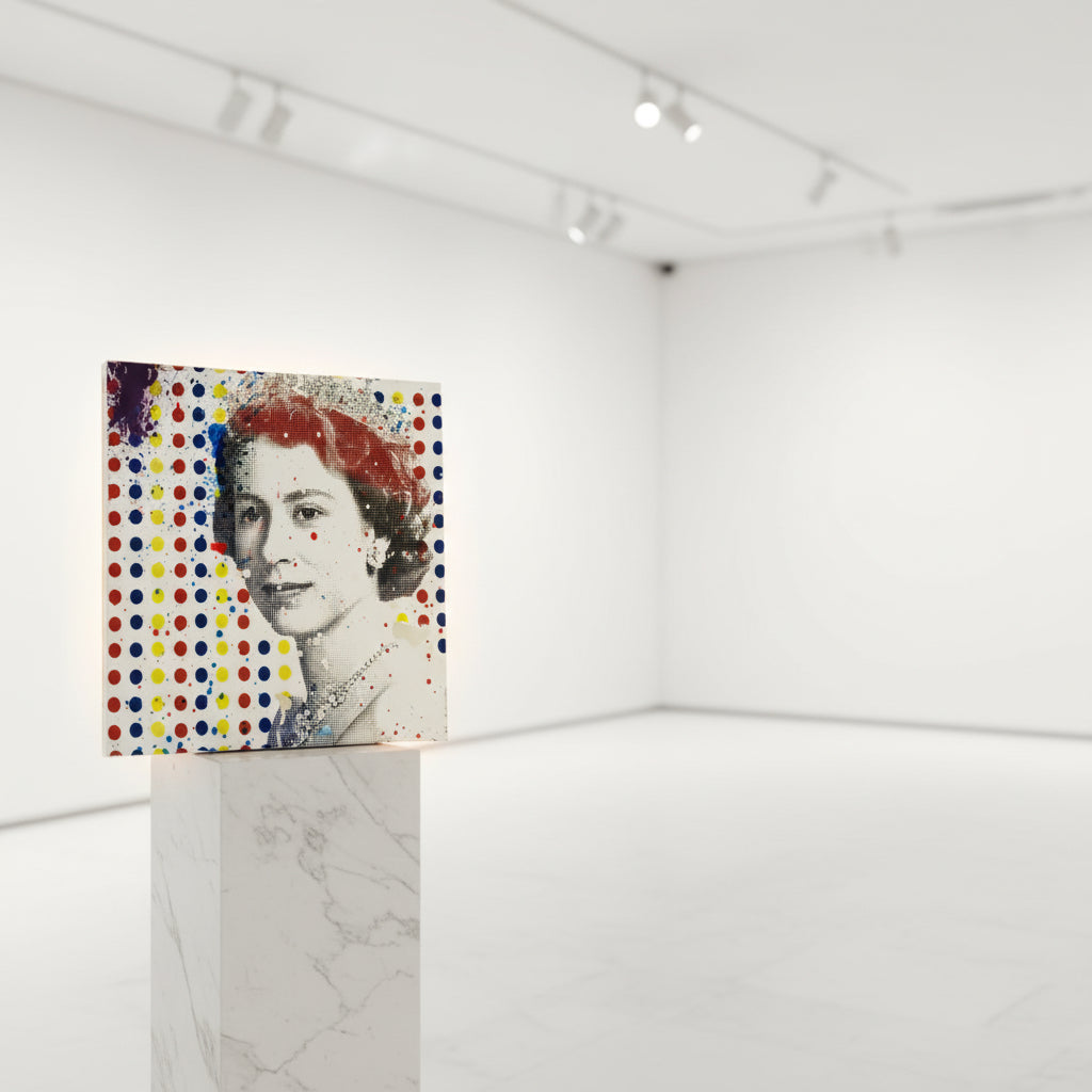 Artistic painting on canvas of a Queen Elizabeth with colorful polka dot pattern in a gallery setting. Art by Mr. Clever Art.