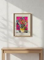 Colorful abstract painting with flowers and peace signs on a pink background