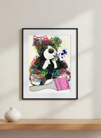 Black and white bear with colorful paint strokes and a paintbrush on a white background