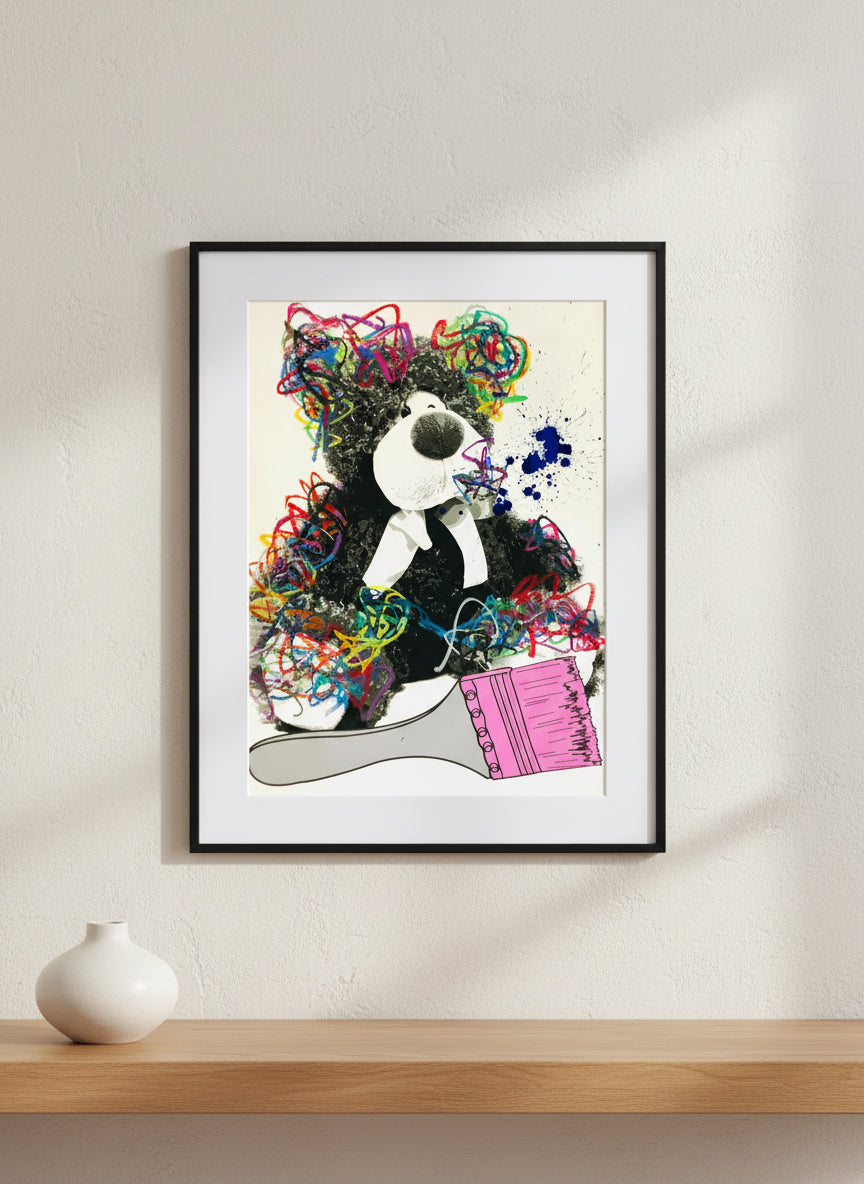 Black and white bear with colorful paint strokes and a paintbrush on a white background