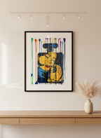 Colorful abstract painting of a perfume bottle with 'Crying' branding. Chanel No. 5 Crying Girl by Mr. Clever Art.