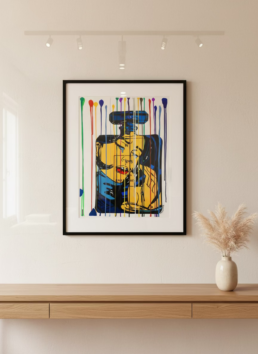 Colorful abstract painting of a perfume bottle with 'Crying' branding. Chanel No. 5 Crying Girl by Mr. Clever Art.