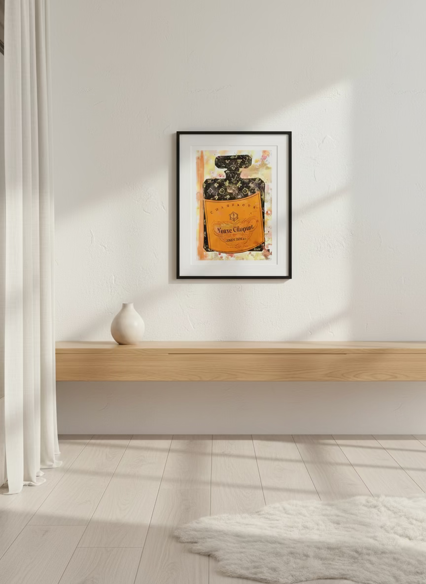 Veuve Clicquot champagne bottle on a colorful abstract background.  Painting by Mr. Clever Art.