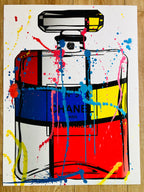 Chanel No. 5 perfume bottle Pop Art print with blocks of red, blue, and yellow, overlaid with colorful paint drips and splatters.