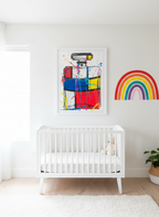 Nursery with a white crib, colorful abstract art, and a rainbow decoration on a white wall. Art by Mr. Clever Art