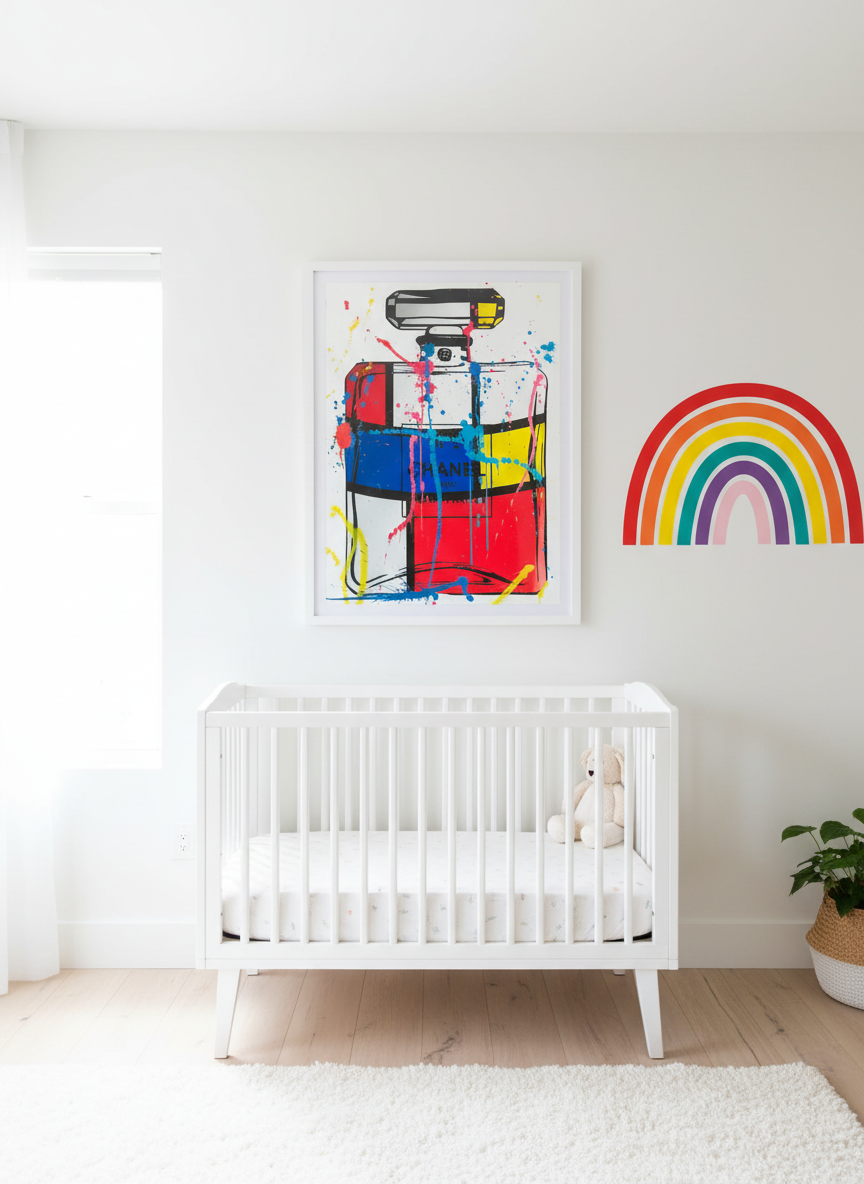 Nursery with a white crib, colorful abstract art, and a rainbow decoration on a white wall. Art by Mr. Clever Art