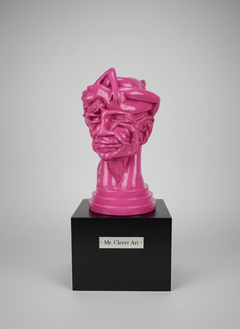 Pink sculpture on a black pedestal with 'Mr. Clever Art' label against a gray background