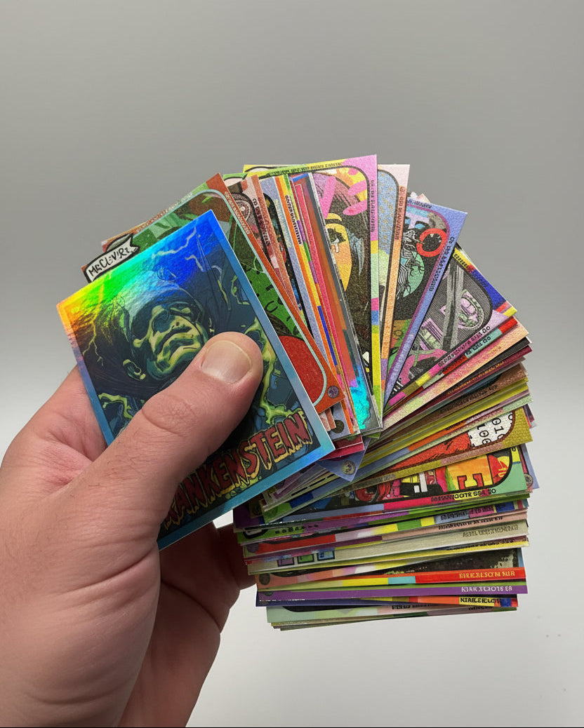 A hand holding a fan of vintage comic trading cards, including a holographic Superman card, with more cards fanned out behind it on a tabletop.