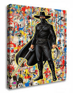 Character in black costume with a mask against a colorful, abstract background