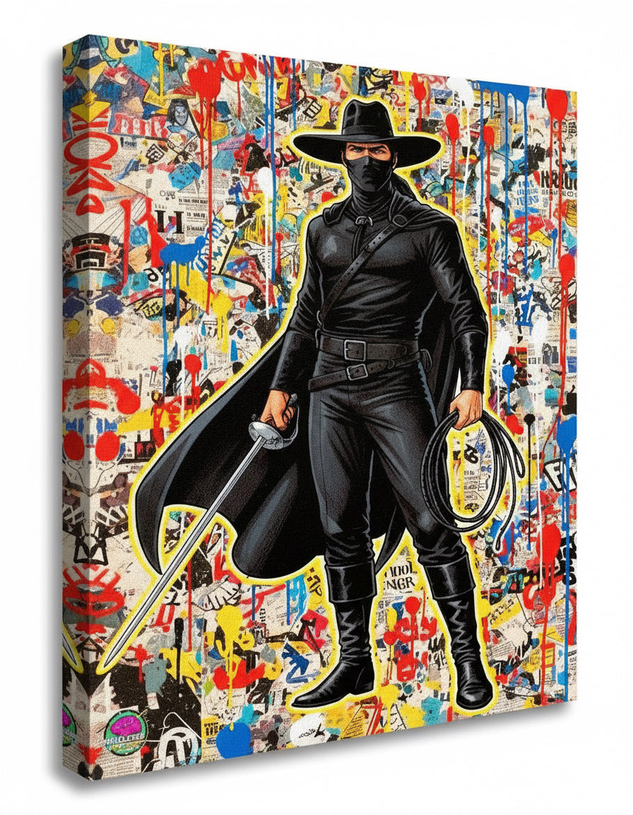 Character in black costume with a mask against a colorful, abstract background