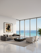 Modern living room with ocean view and artwork on wall