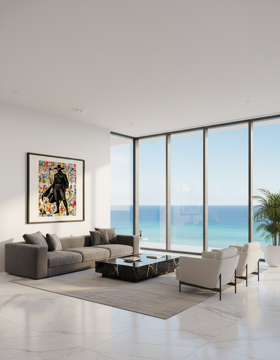Modern living room with ocean view and artwork on wall