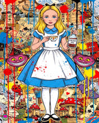 Illustration of a character in a colorful, collage-style setting with 'Drink Me' bottle and 'Cheshire Cat' faces.