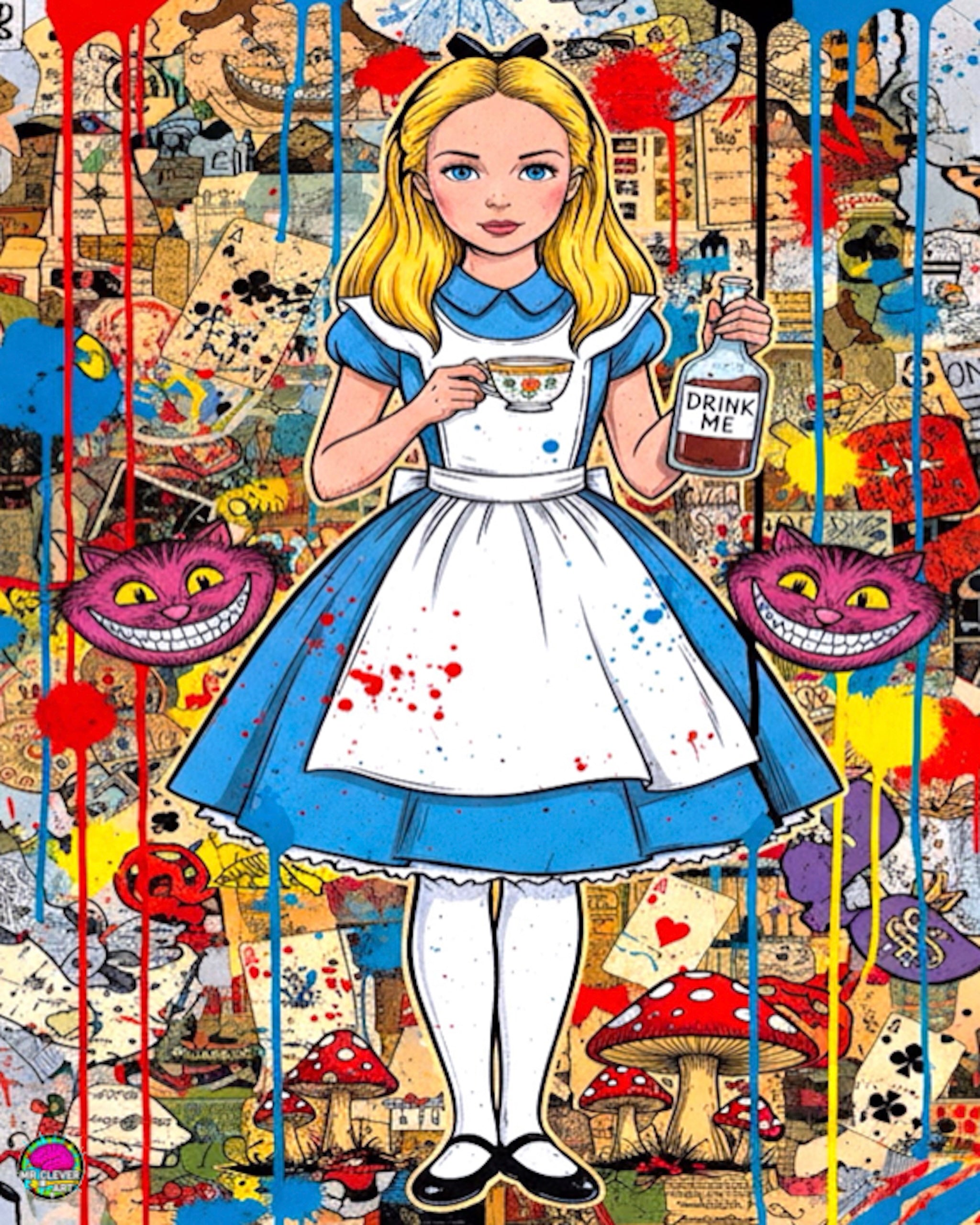 Illustration of a character in a colorful, collage-style setting with 'Drink Me' bottle and 'Cheshire Cat' faces.
