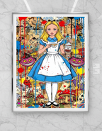 Framed artwork of a character in a colorful, stylized setting with various elements.