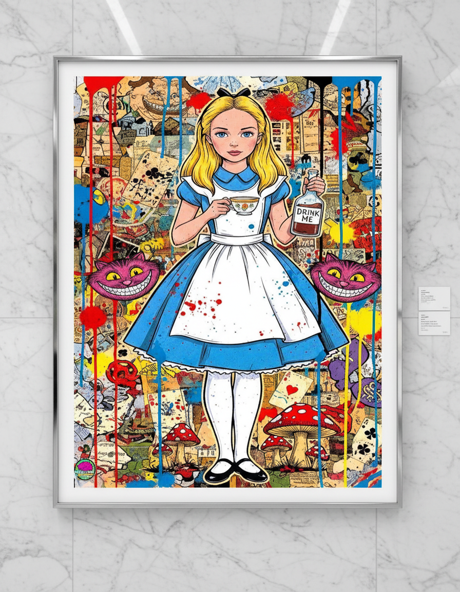 Framed artwork of a character in a colorful, stylized setting with various elements.
