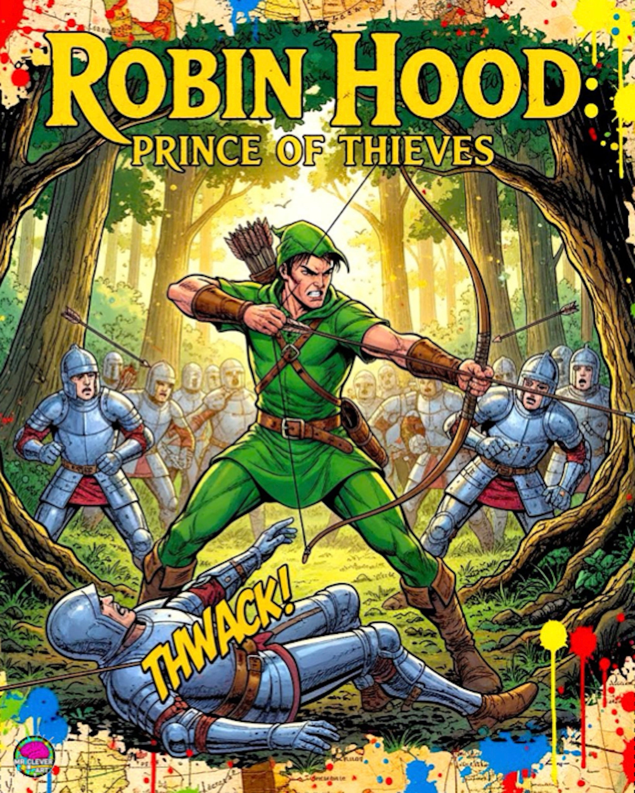 Comic book cover featuring Robin Hood in a forest with knights in the background