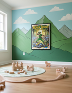 Children's room with a Robin Hood poster on a wall painted with mountains and clouds.