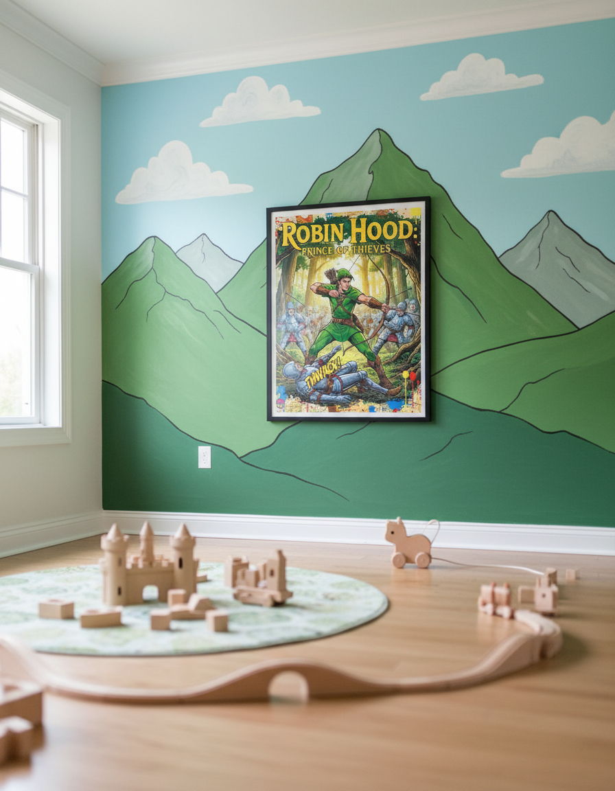 Children's room with a Robin Hood poster on a wall painted with mountains and clouds.