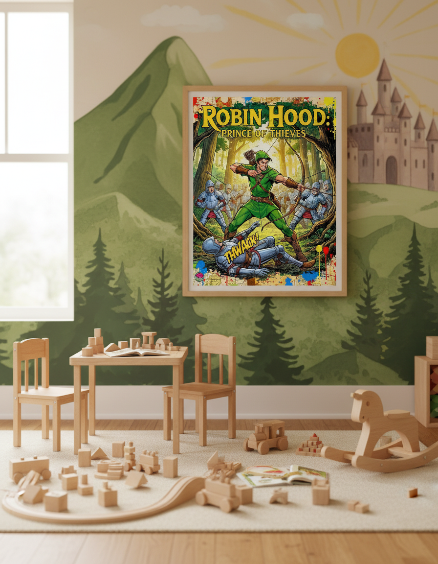 Children's playroom with Robin Hood poster on the wall