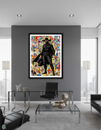 Character in black costume with a wide-brimmed hat against a colorful, abstract background