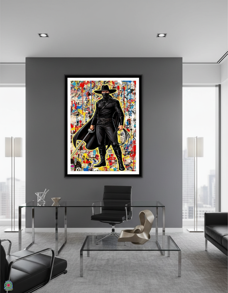 Character in black costume with a wide-brimmed hat against a colorful, abstract background