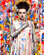 Colorful artwork of a figure with a collage background featuring various images and text.