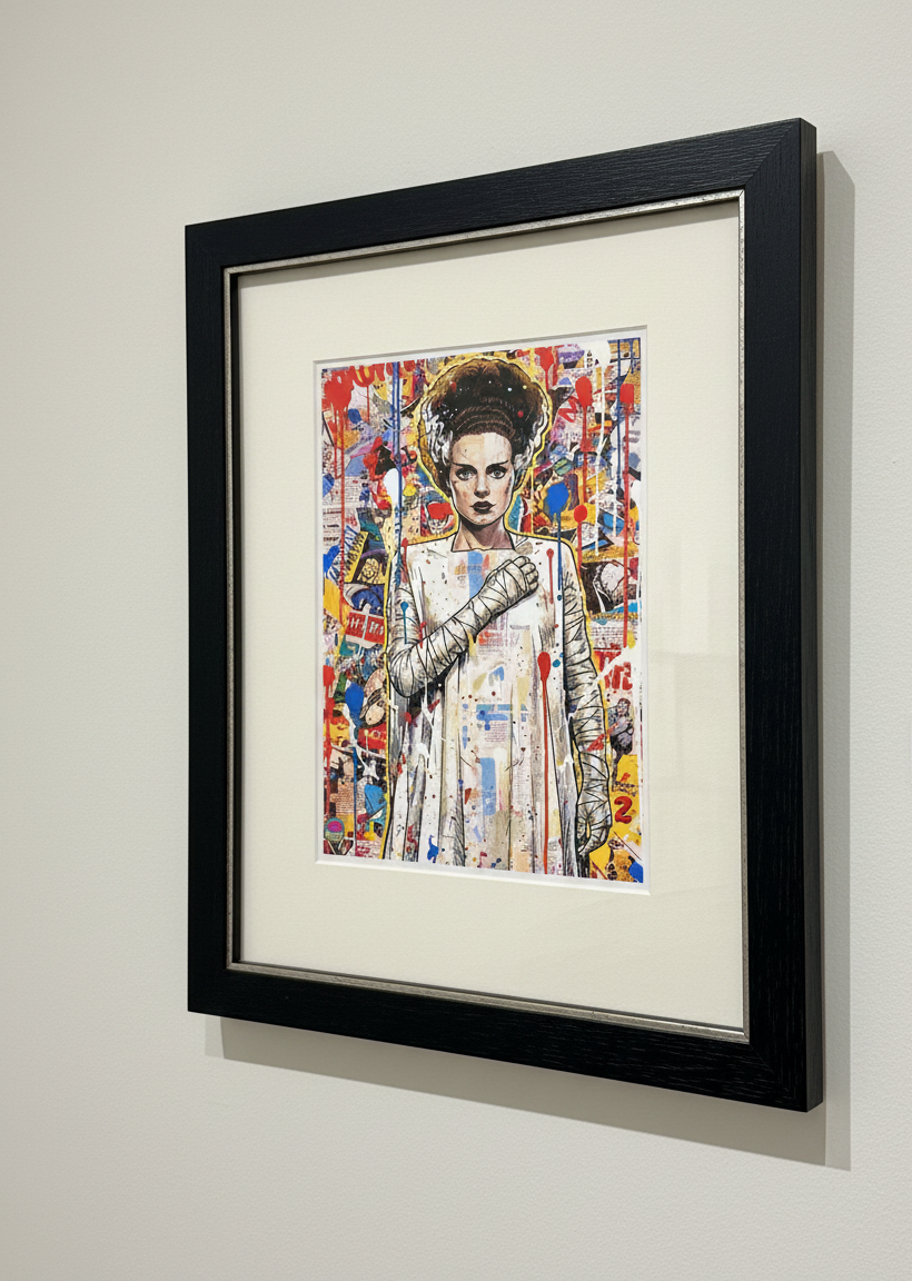 Framed artwork of a colorful portrait on a white wall