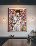Colorful collage-style portrait of a woman on a tiled wall in a modern interior setting.