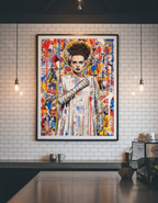 Colorful collage-style portrait of a woman on a tiled wall in a modern interior setting.