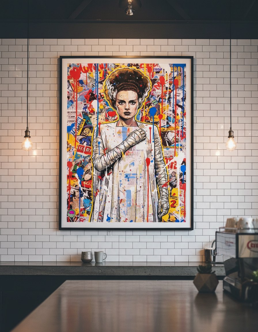 Colorful collage-style portrait of a woman on a tiled wall in a modern interior setting.