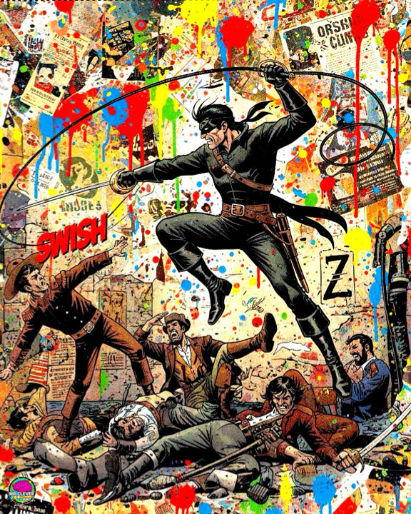 Comic book style illustration with a character in action amidst a chaotic scene, featuring bold colors and dynamic poses.