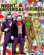 Illustration of classic monsters with bandanas on a colorful background, featuring the text 'Night Universal Features'.