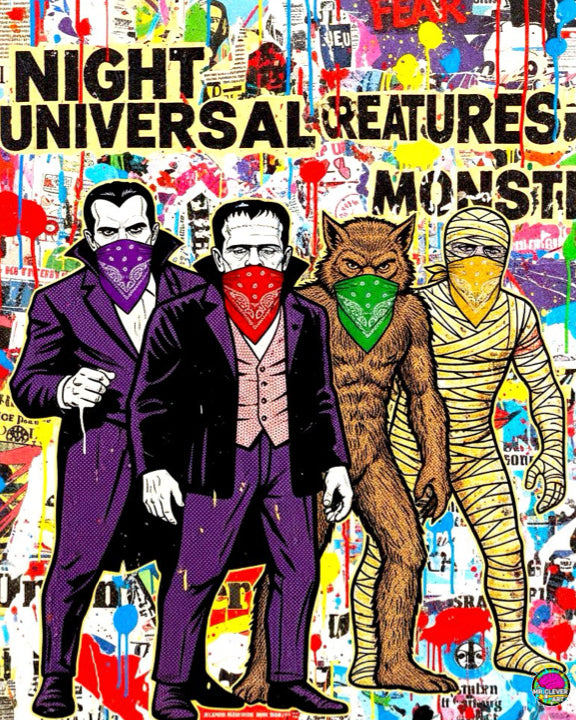 Illustration of classic monsters with bandanas on a colorful background, featuring the text 'Night Universal Features'.