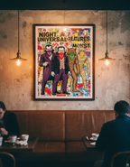 Illustration of classic monsters with bandanas on a colorful background, featuring the text 'Night Universal Features'.