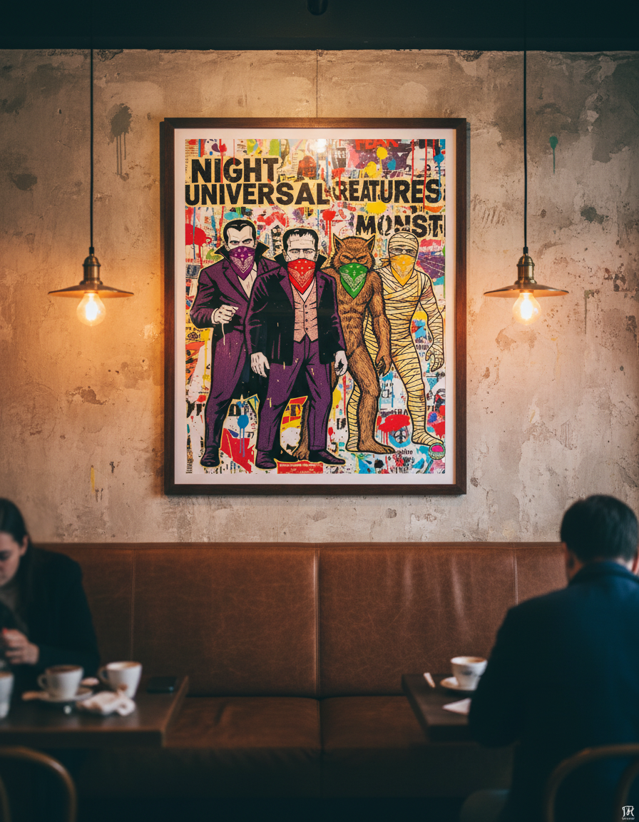 Illustration of classic monsters with bandanas on a colorful background, featuring the text 'Night Universal Features'.